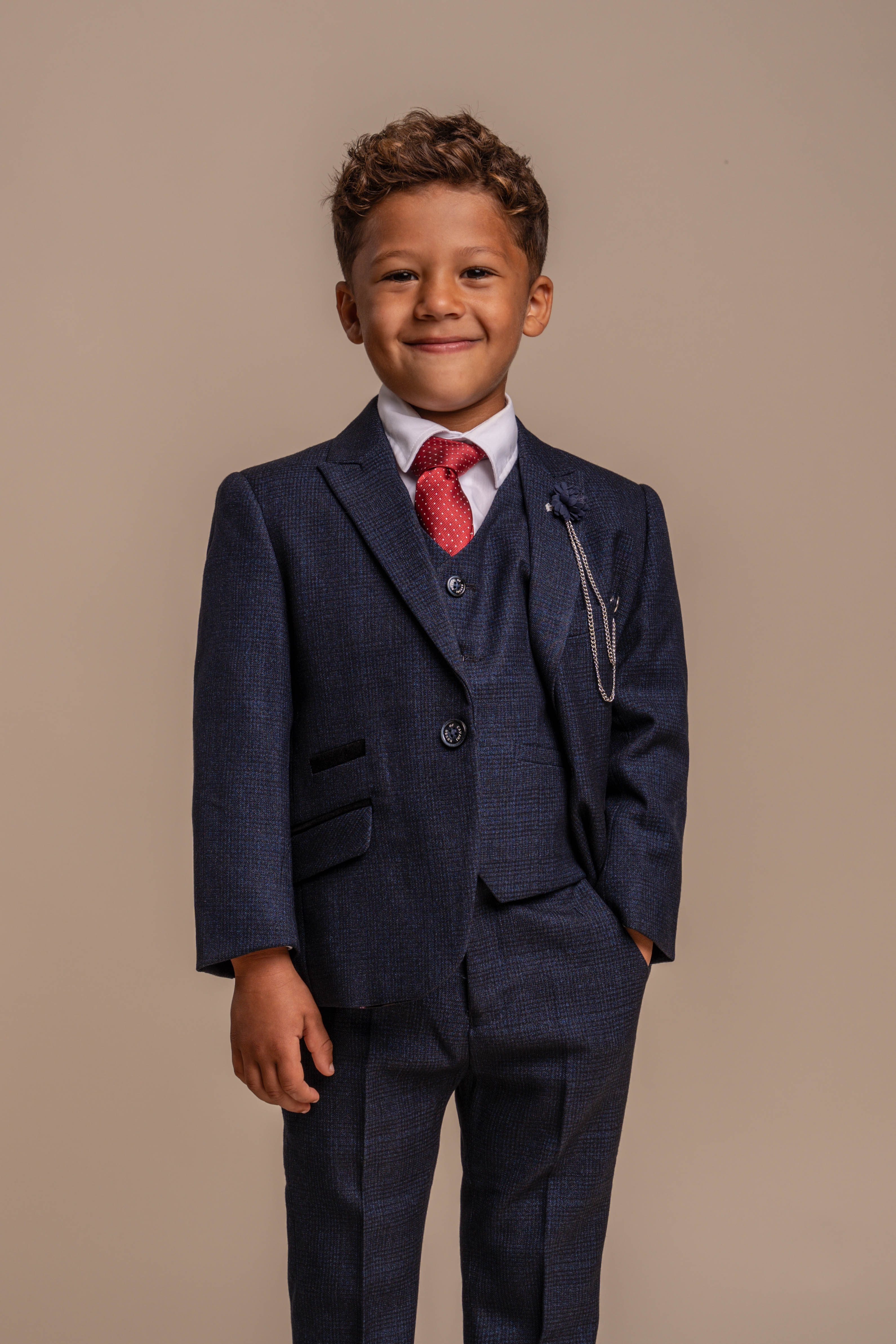 Father & Son Matching Glen Check Wool Tweed 3-Piece Suit Set - Caridi Navy