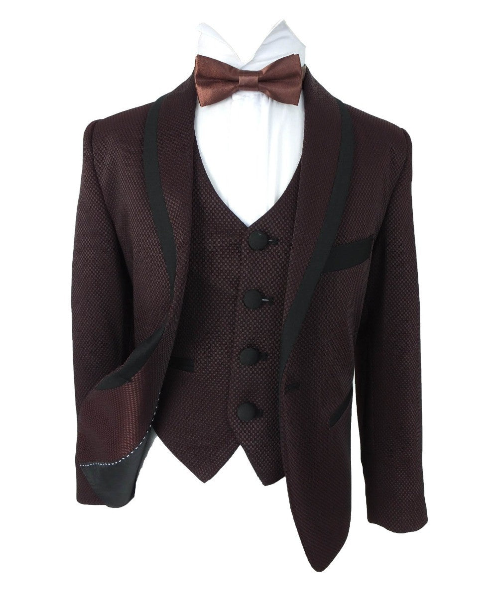 Costume à Motifs Birdseye avec Passepoil pour Garçons - BENIGNO - Bordeaux - Noir