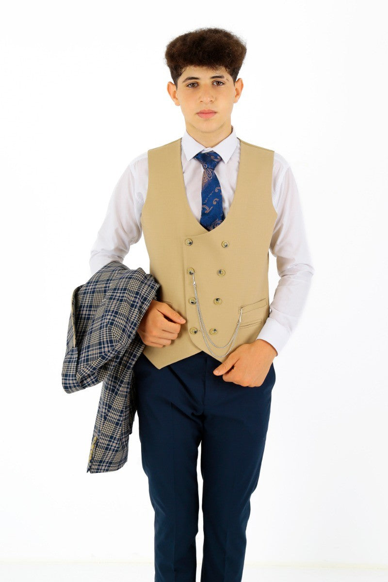 Jungen Karo Schlank geschnittener Anzug - Navyblau - Beige