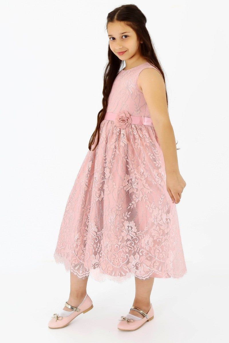 Robe sans Manches Brodée de Dentelle pour Filles - Rose Poudré