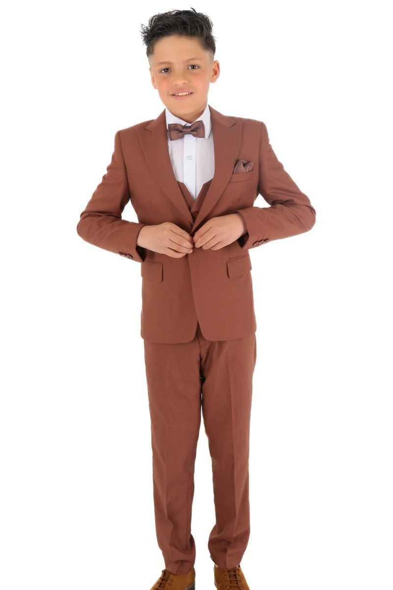 Boys Slim Fit Herringbone 8 Piece Suit Set - KING - Cinnamon Brown