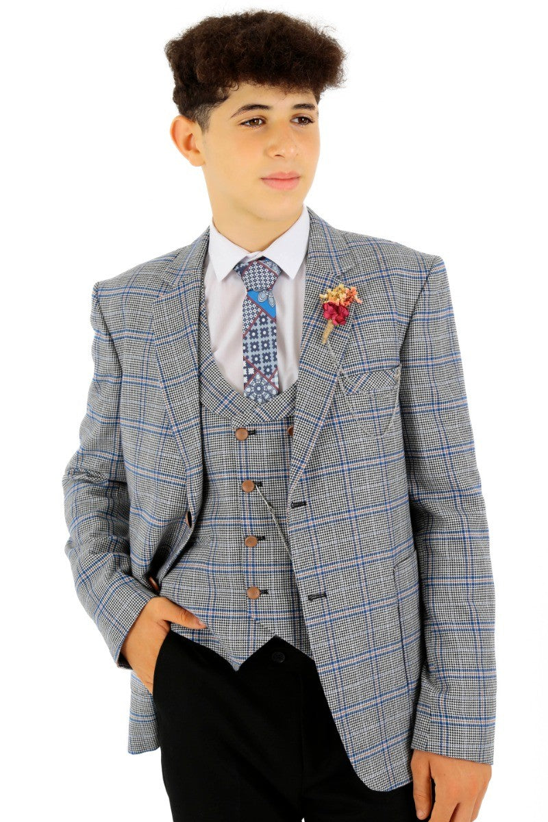 Costume à Carreaux Windowpane Slim Fit pour Garçons - Bleu - Noir