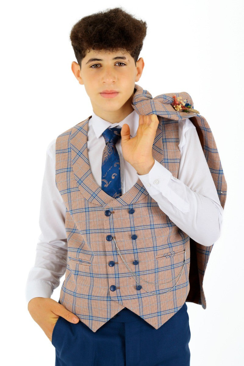 Boys Windowpane Check Slim Fit Suit - Peach - Navy Blue