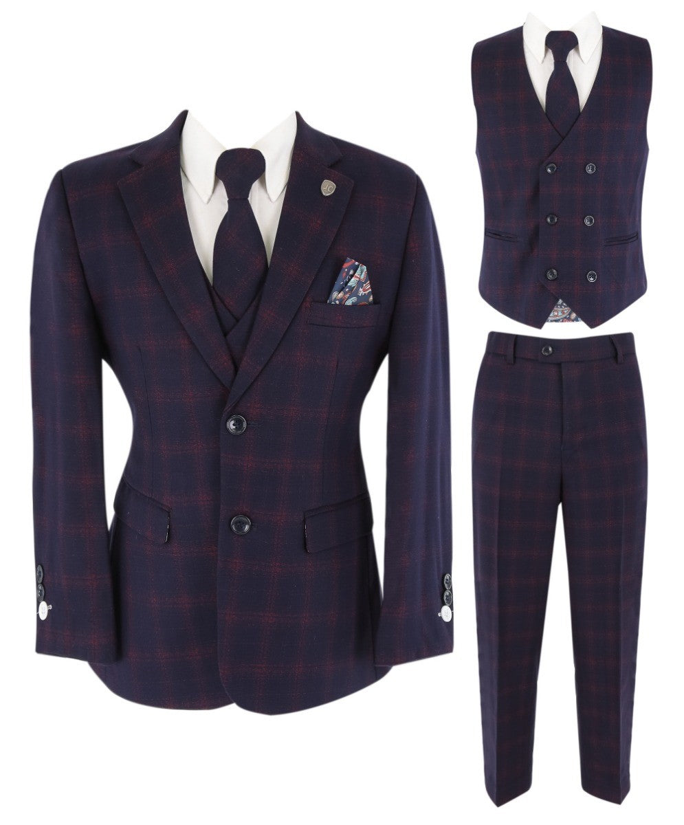 Costume à Carreaux Rétro Tailored Fit Bleu Marine pour Garçons - Bleu Marine et Bordeaux