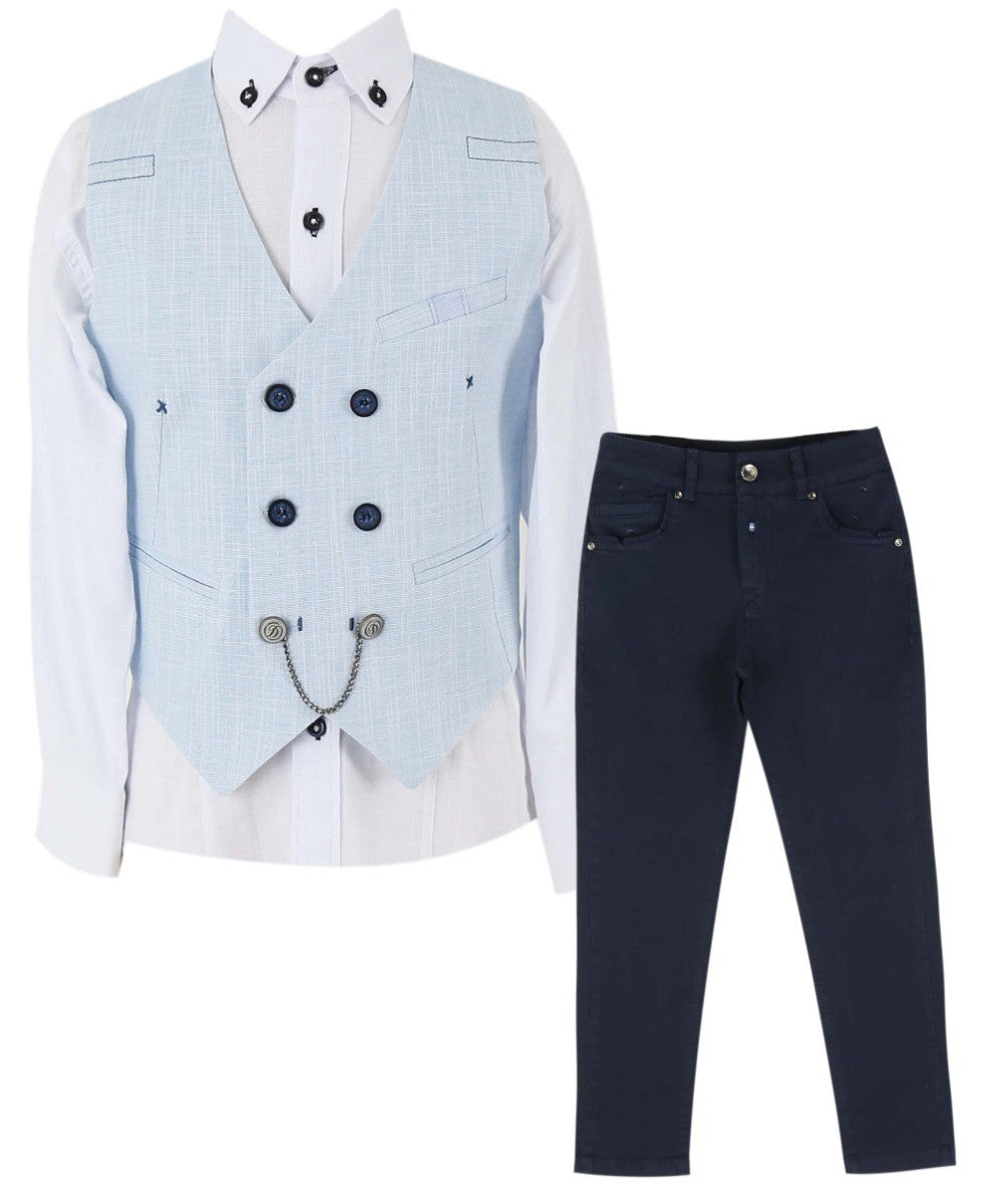 Jungen Selbstgemustertes Doppelreihiges Leinen-Waistcoat Anzug-Set - Hellblau