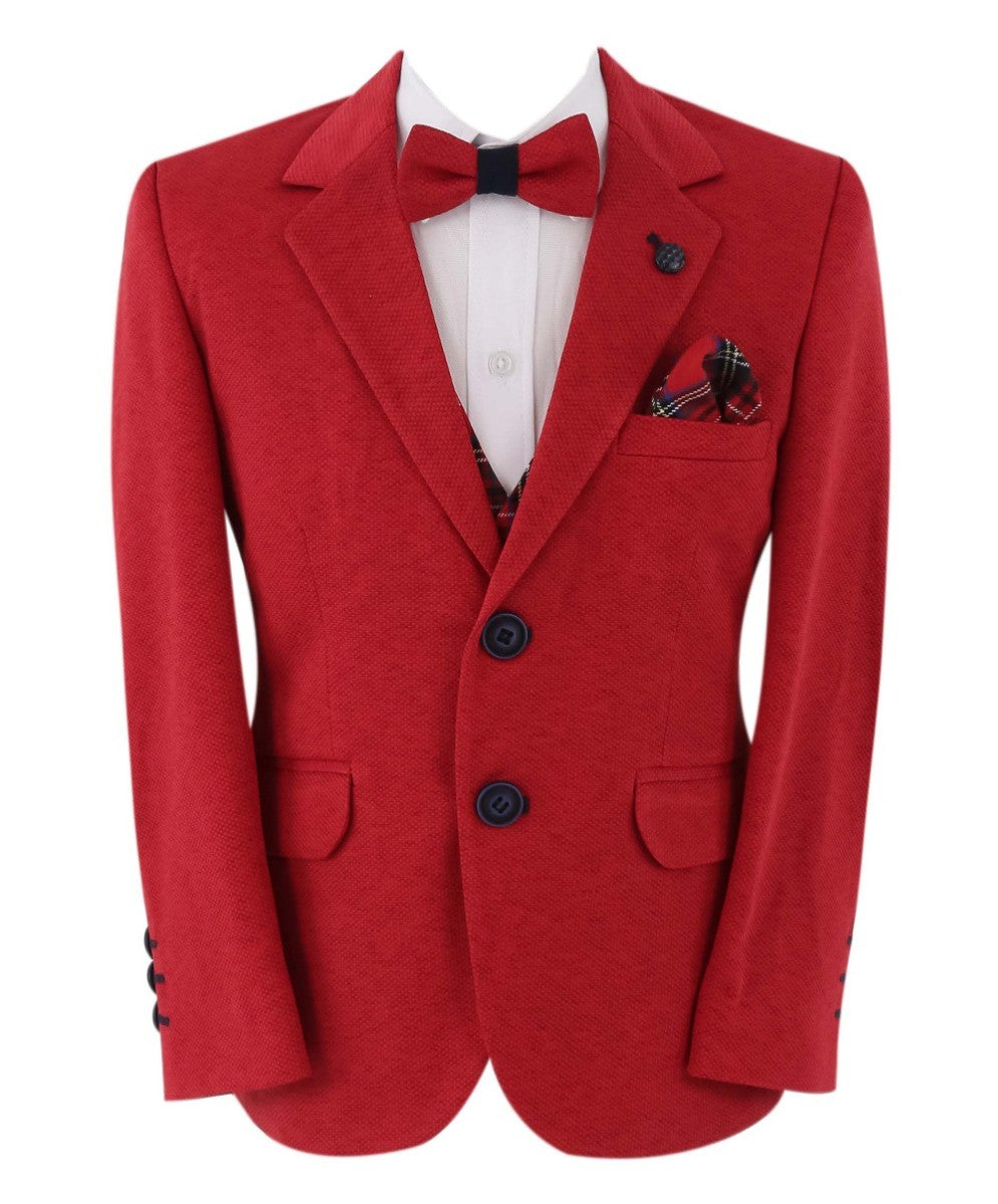 Jungen Slim Fit Anzug mit Karo Westen-Set - Rot