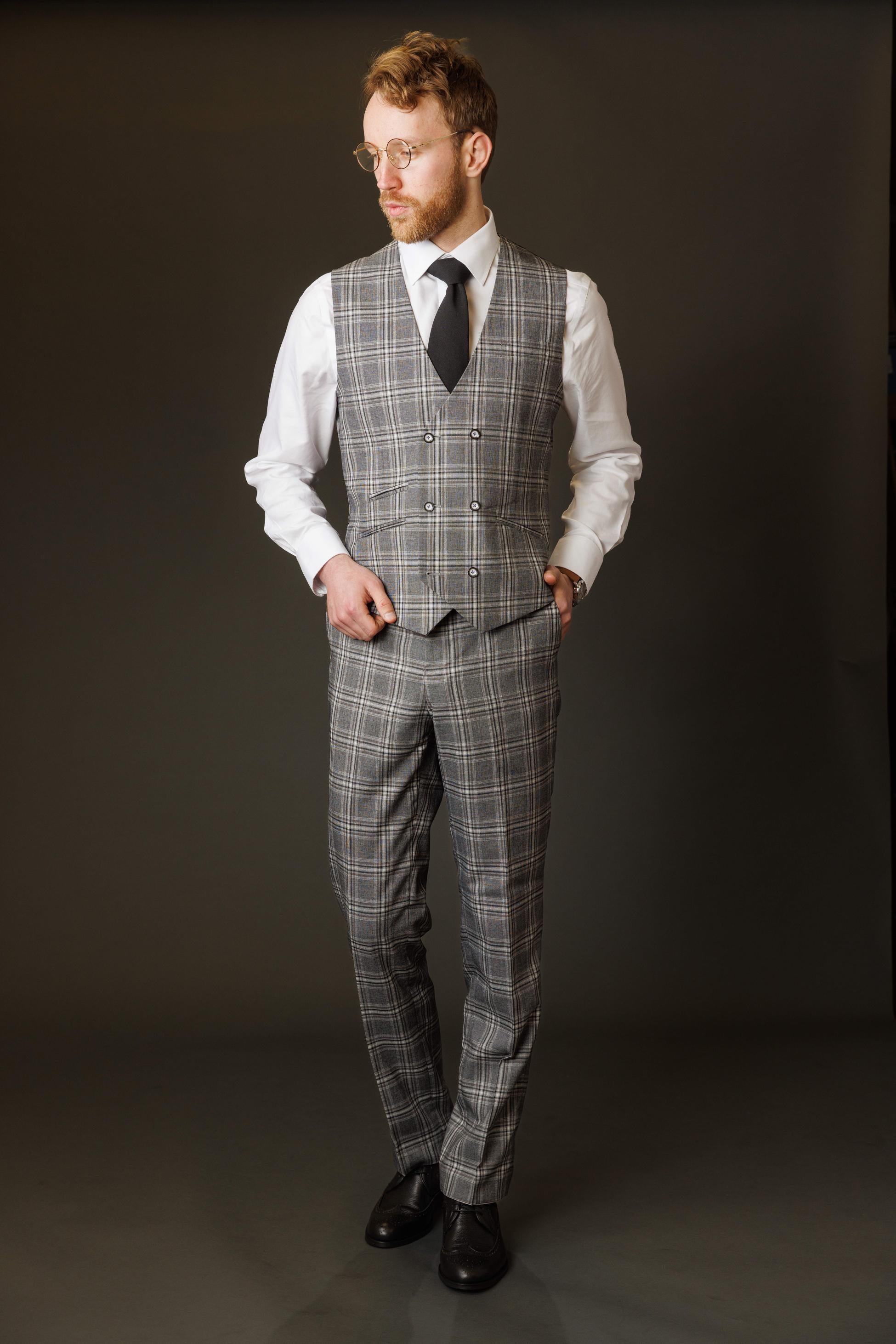 Costume à Carreaux Windowpane Slim Fit pour Hommes - BLAKE - Gris