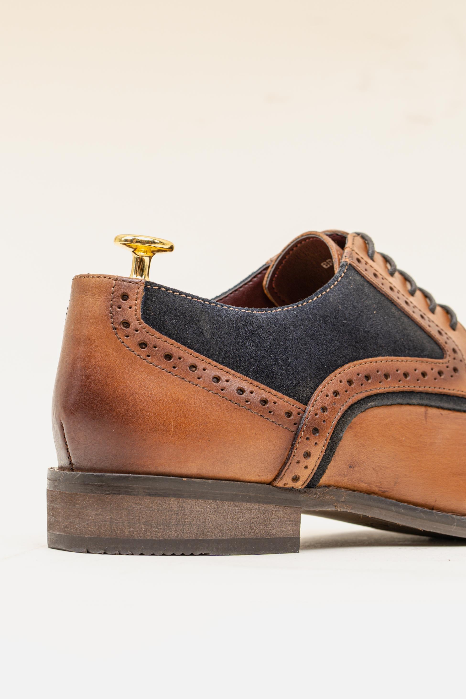 Herren Echtleder & Tweed Brogue Schuhe - FARO - Hellbraun - Marineblau