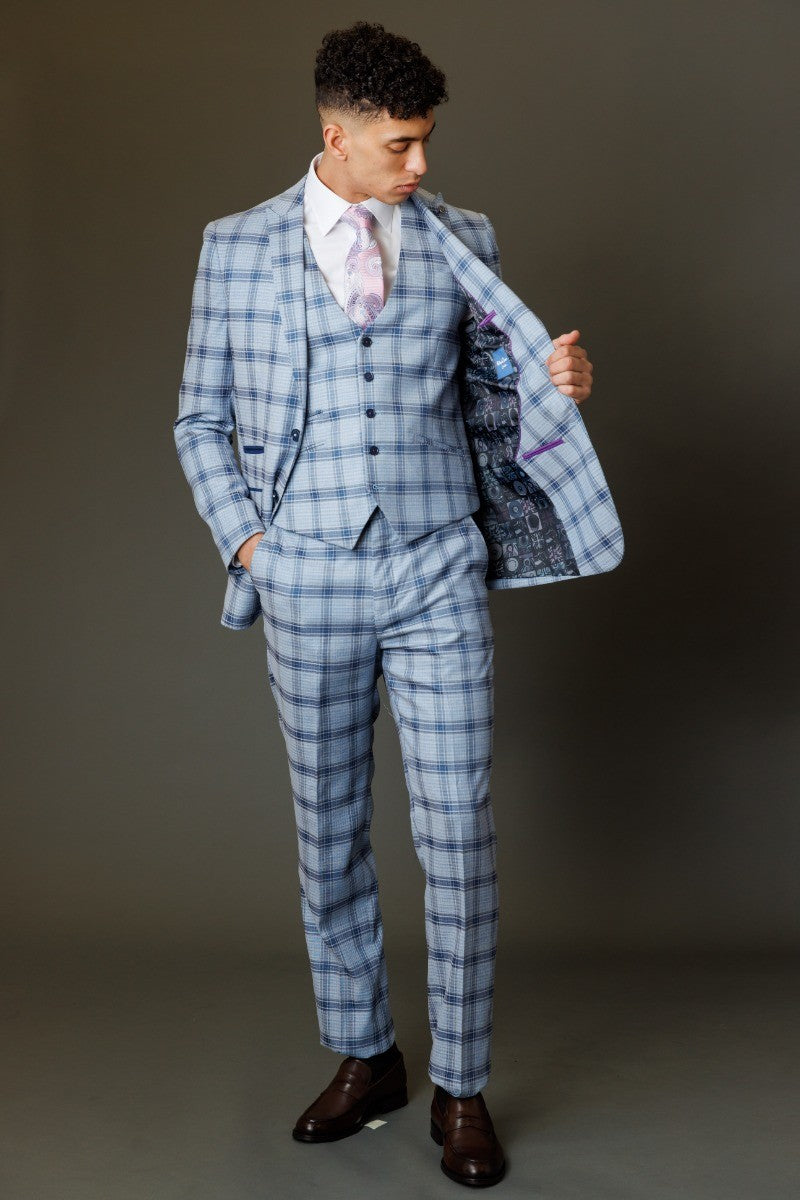 Men's Slim Fit Windowpane Check Blue Suit - BLAKE - Pale Blue