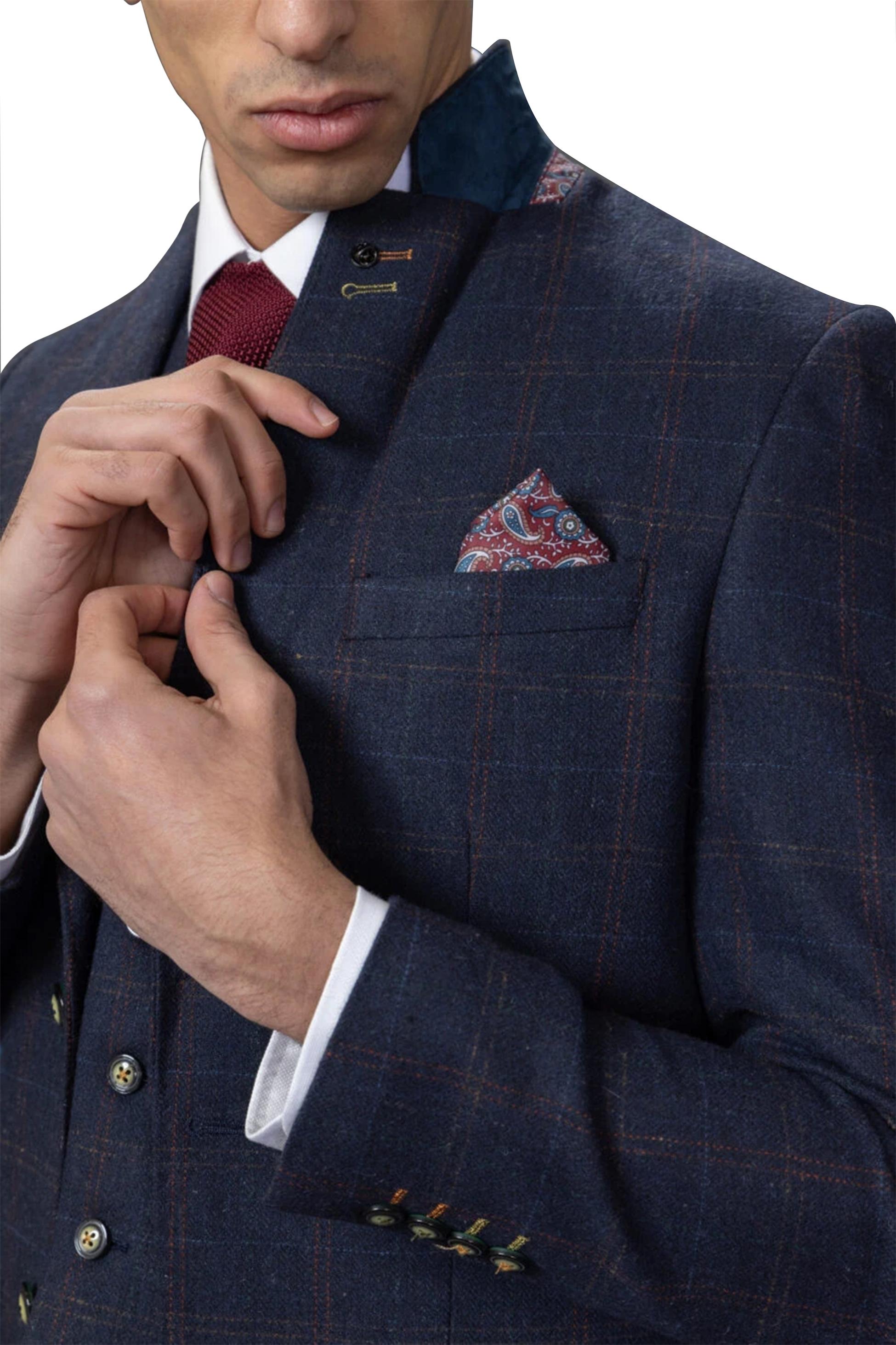 Men's Tweed Windowpane Tailored Fit Navy Suit Jacket - RYAN - Navy Blue