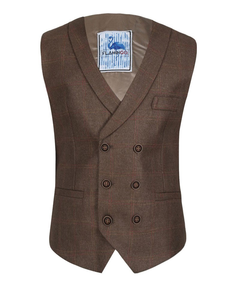 Men's and Boys Tweed Check Waistcoat Set - Maroon- Brown
