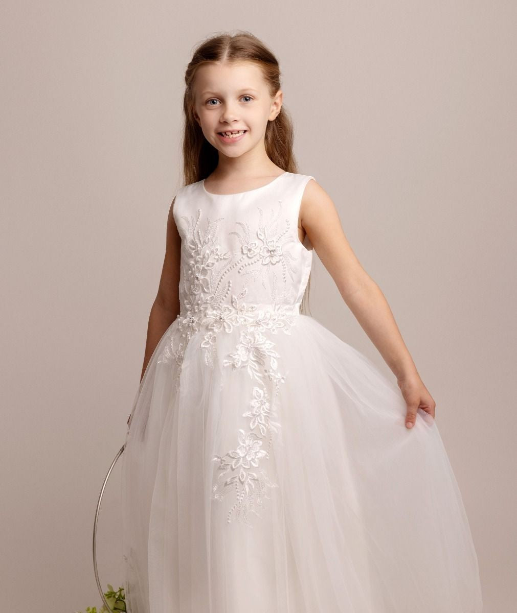 Mädchen Florales Besticktes Kleid mit Tüllrock - NYRA - Elfenbein