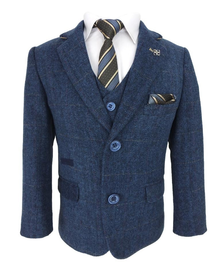 Boys Slim Fit Wool Blend Herringbone Tweed Blue Suit - CARNEGI - Navy Blue