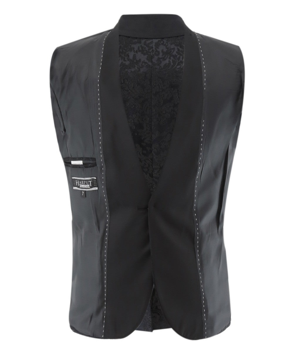 بدلة توكسيدو للأولاد من الساتان بياقة مزخرفة بنقشة الزهور - أسود