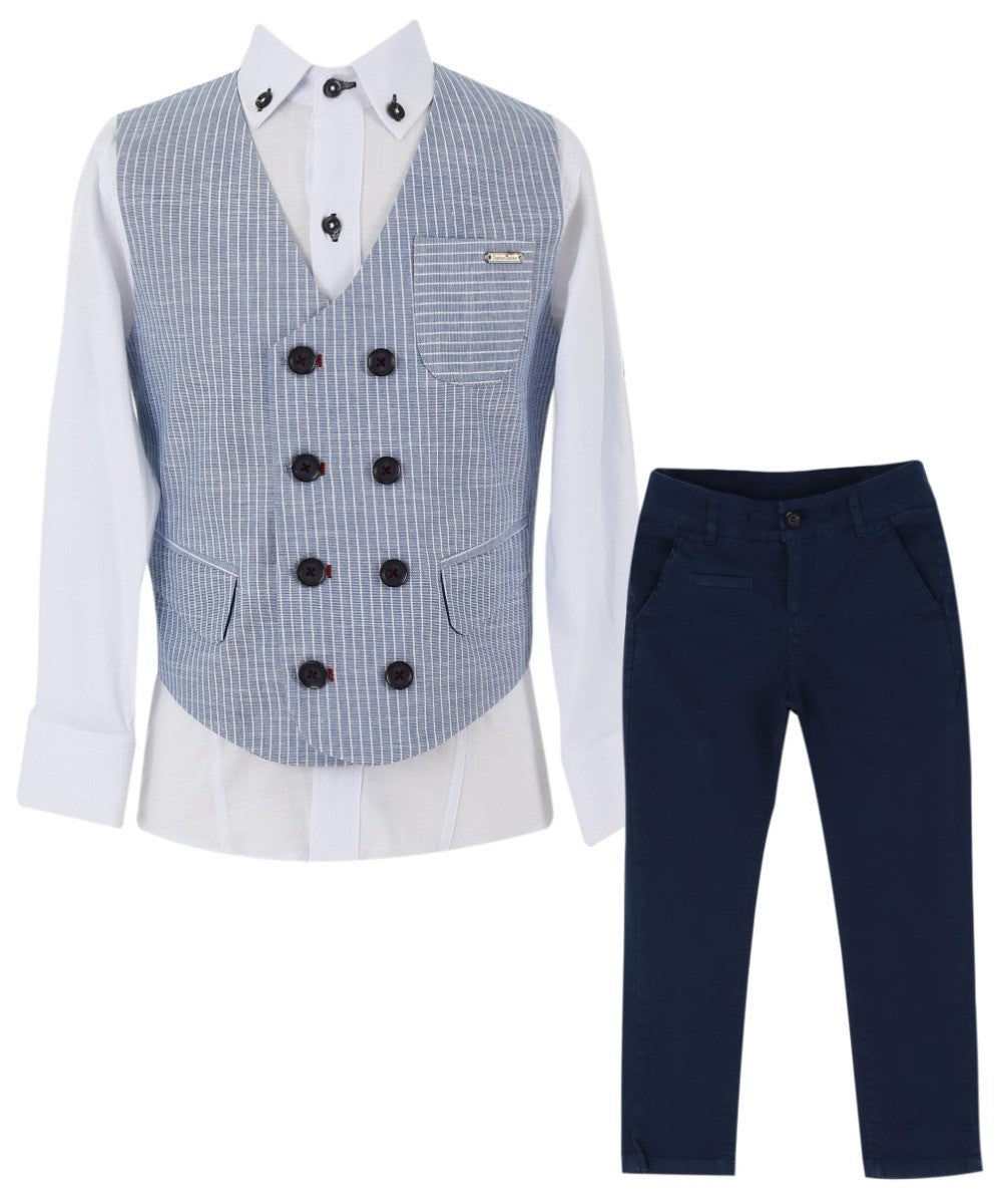 Jungen Baumwoll Leinen Nadelstreifen Westenanzug-Set - Marineblau