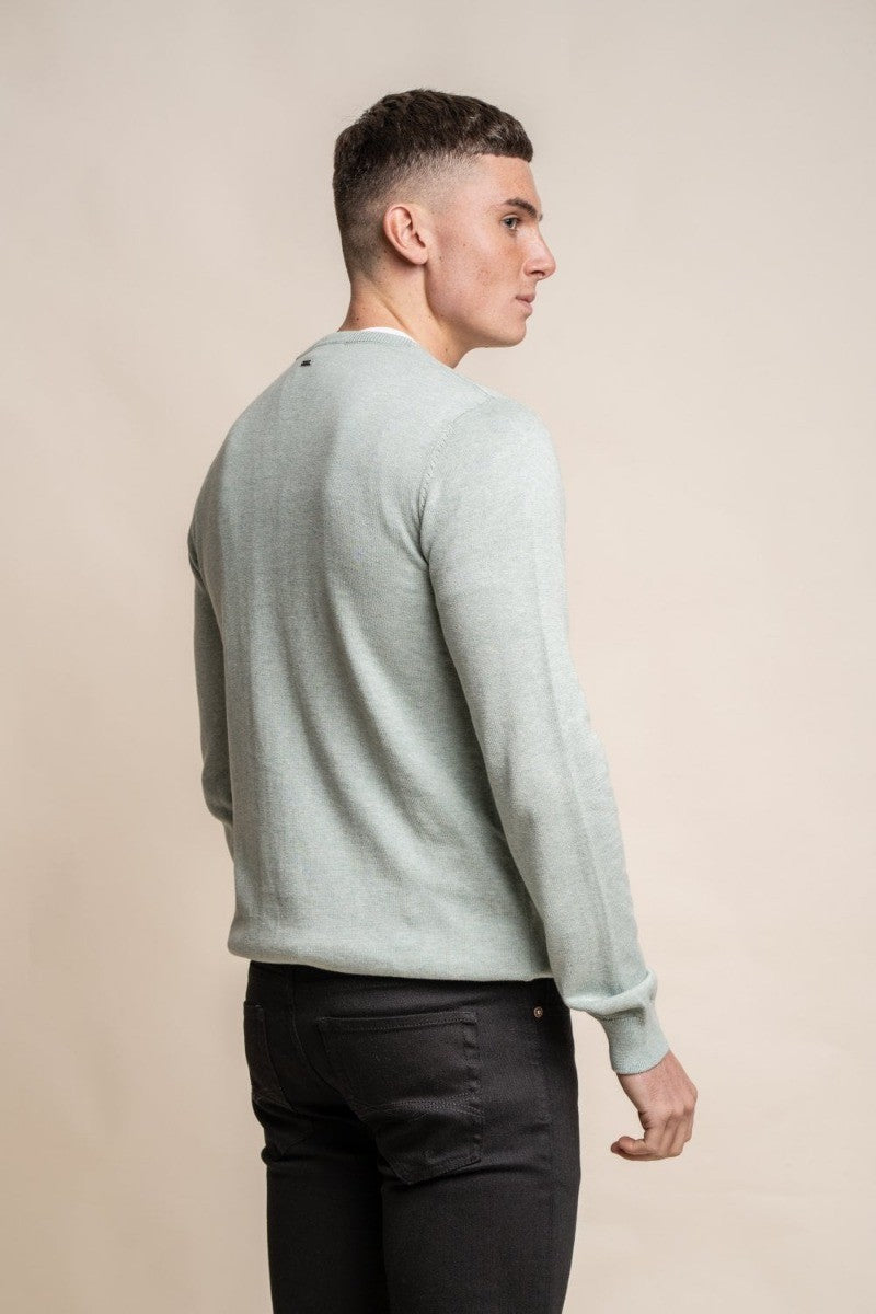 Pull en coton ajusté à col rond pour hommes - Vert Amande