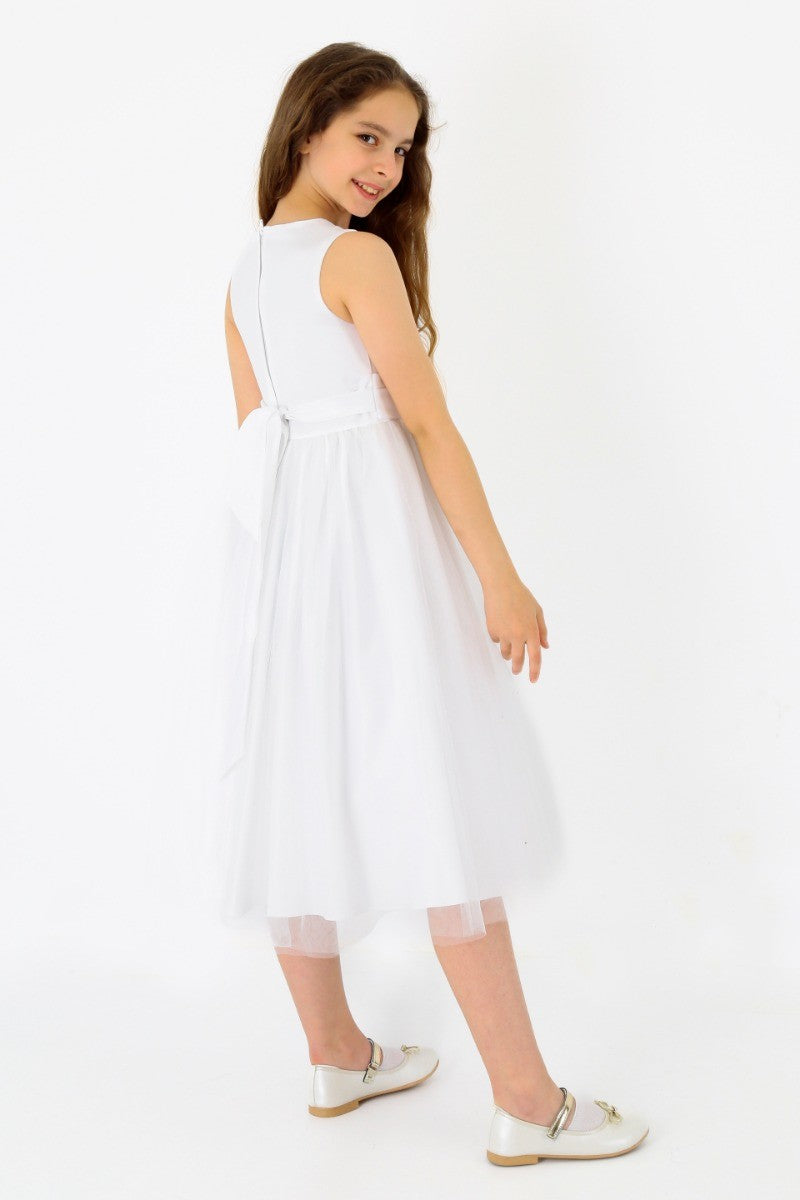 Robe de Communion en Tulle sans Manches pour Demoiselles d'Honneur - Blanc