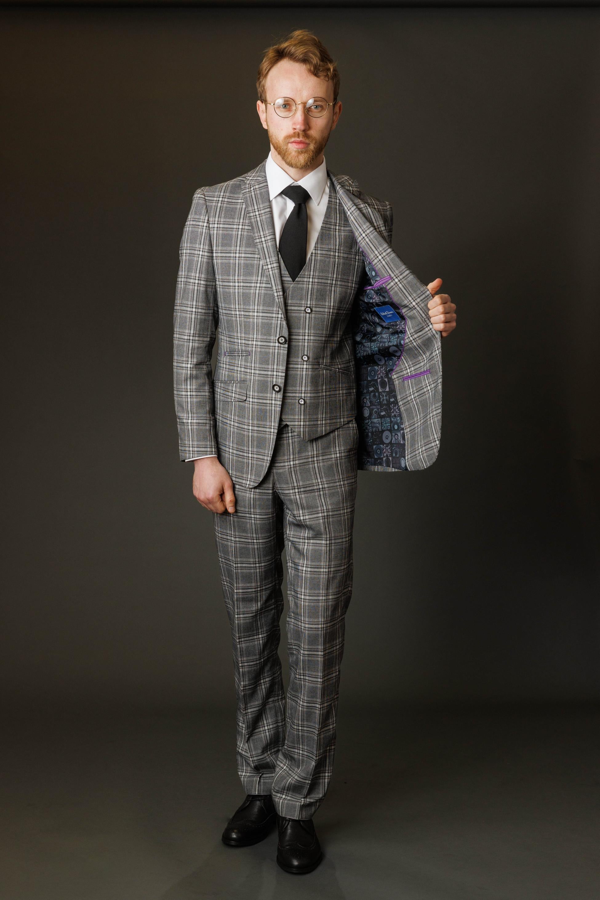 Costume à Carreaux Windowpane Slim Fit pour Hommes - BLAKE - Gris