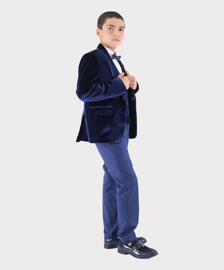 Costume de Smoking en Velours à Revers Brillant pour Garçons - Bleu Marine