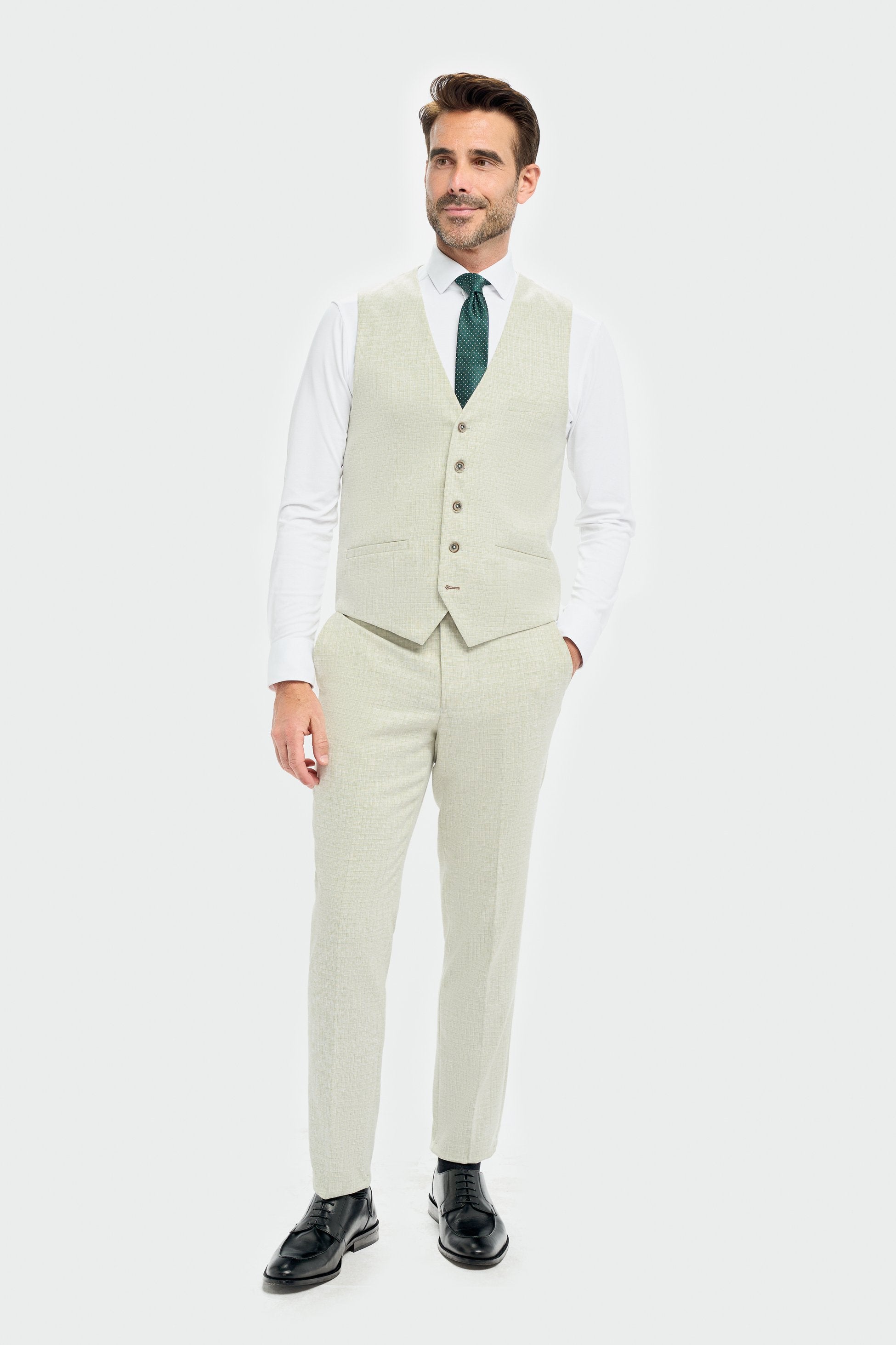 Herren 3-teiliger Slim Fit Texturierter formeller Anzug - Tropez Salbeigrün - Salbeigrün