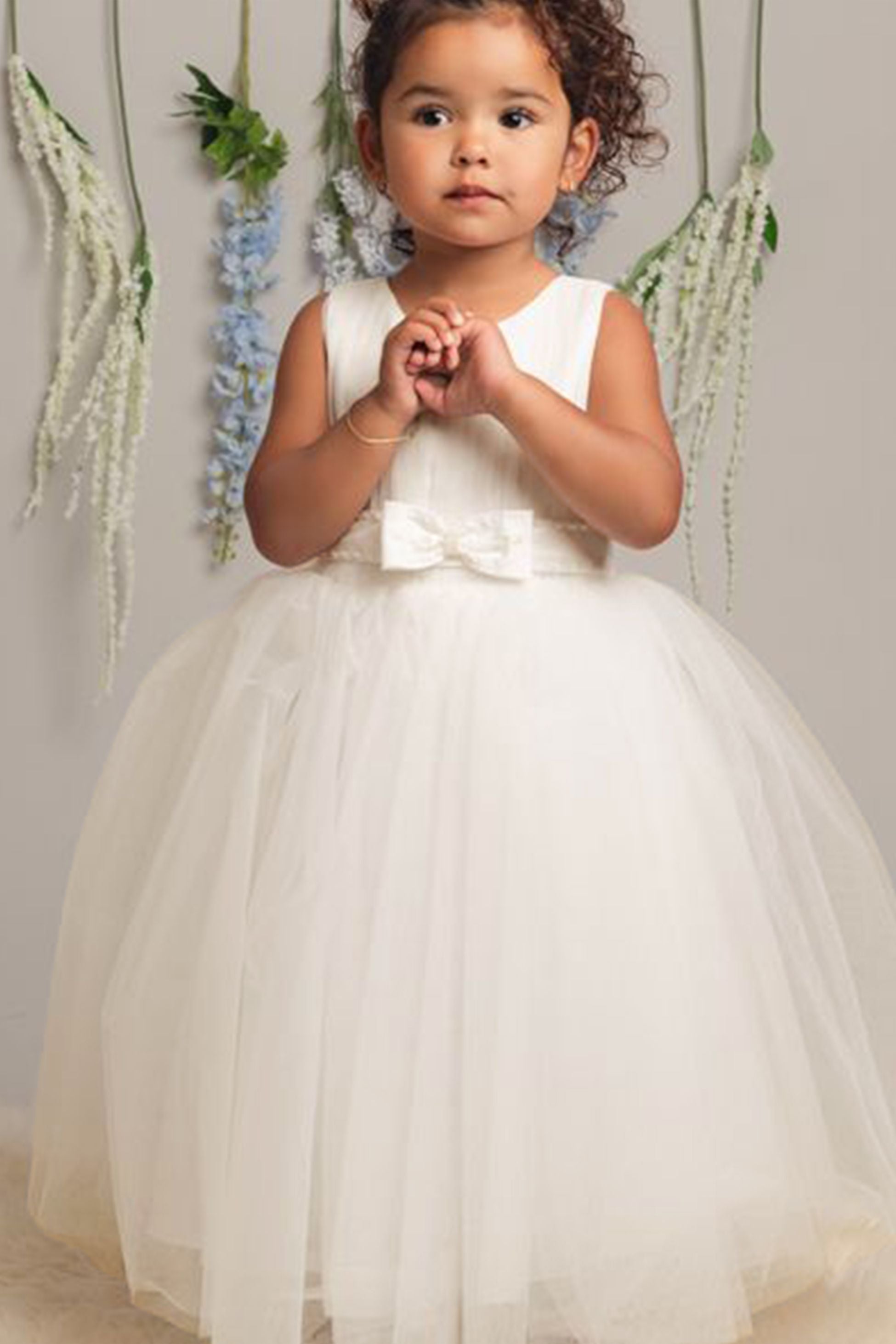 Girls Pleated Bodice Communion Dress with Bow - CINDY - Ivory