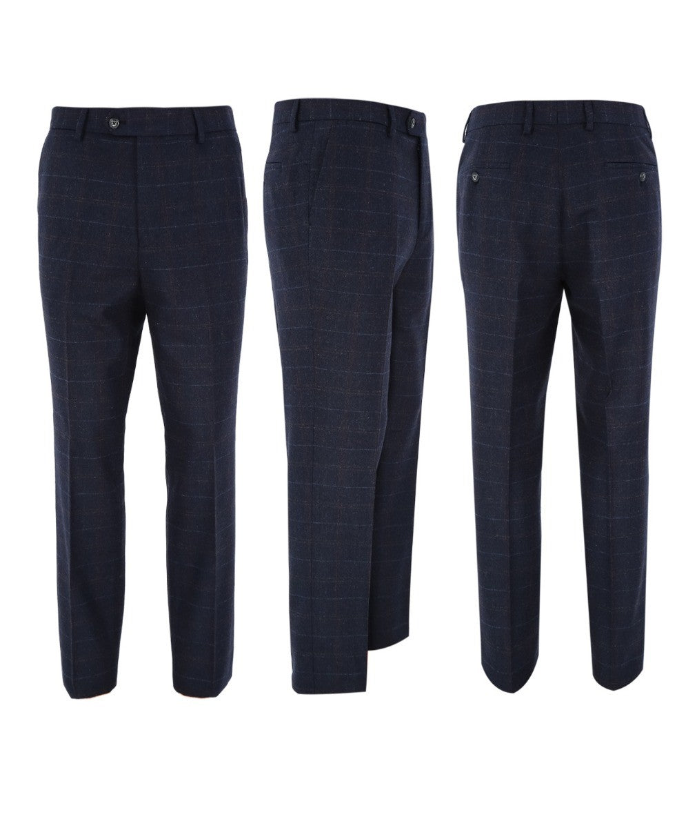 Pantalones de lana a cuadros ventana para hombre, corte entallado, azul marino - RYAN - Azul marino
