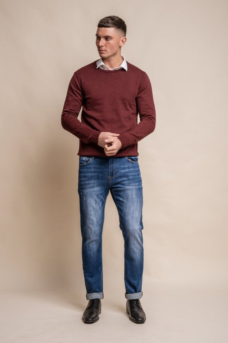 Herren Baumwoll Slim Fit Crewneck Pullover - Weinrot