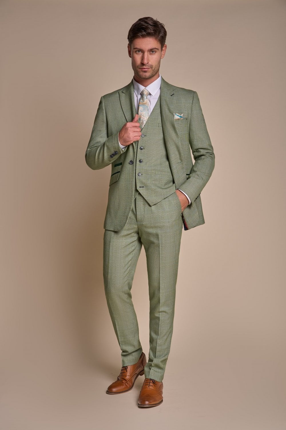 Men's 3-Piece Tweed Glen Check Suit - CARIDI - Sage Green