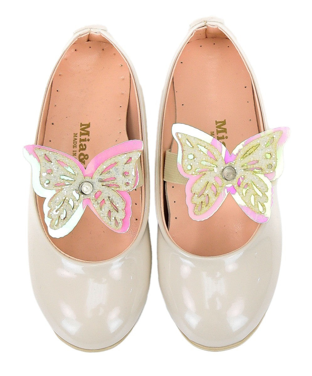 Mädchen Ballerina Schmetterlingsriemen Flache Kleiderschuhe - Perlenweiß