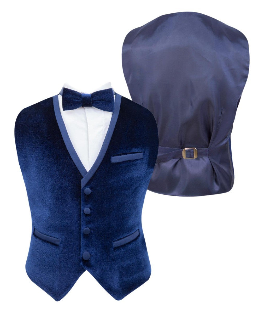 Costume de Smoking en Velours à Revers Brillant pour Garçons - Bleu Marine