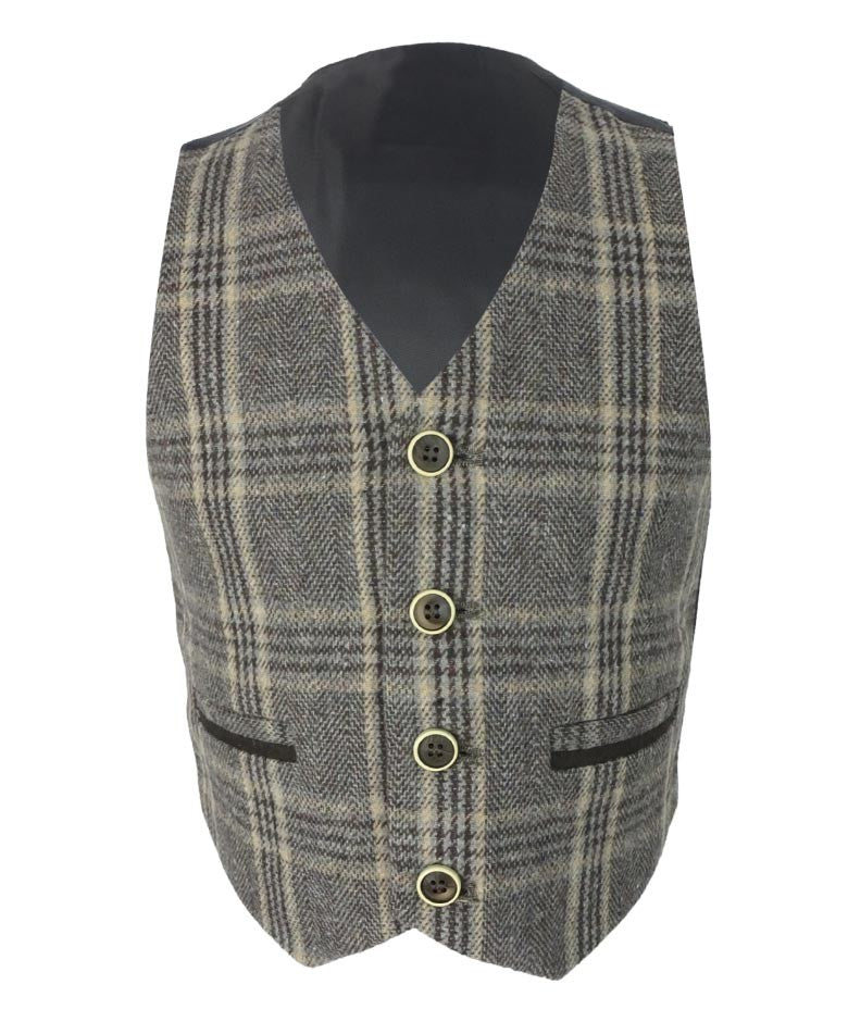 بدلة أولاد من تويد هيرينجبون بنقشة مربعات مع رقع على المرفق - لوكاس - بني