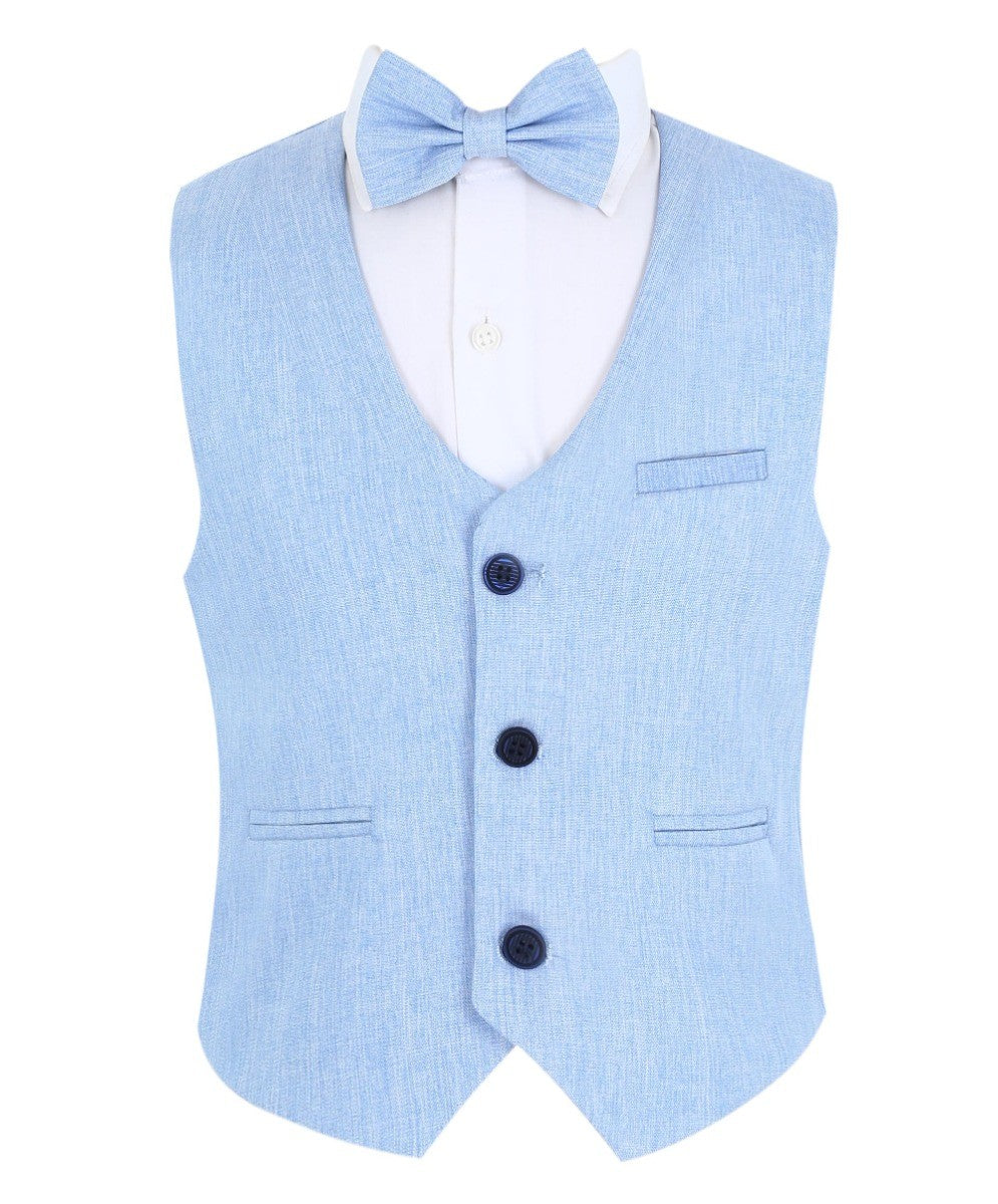 Baby Boys Cotton Linen Waistcoat Suit Set 3 Piece - Sky Blue