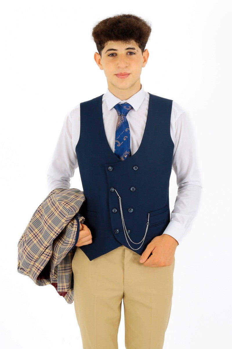 Jungen Karo Schlank geschnittener Anzug - Beige - Navyblau