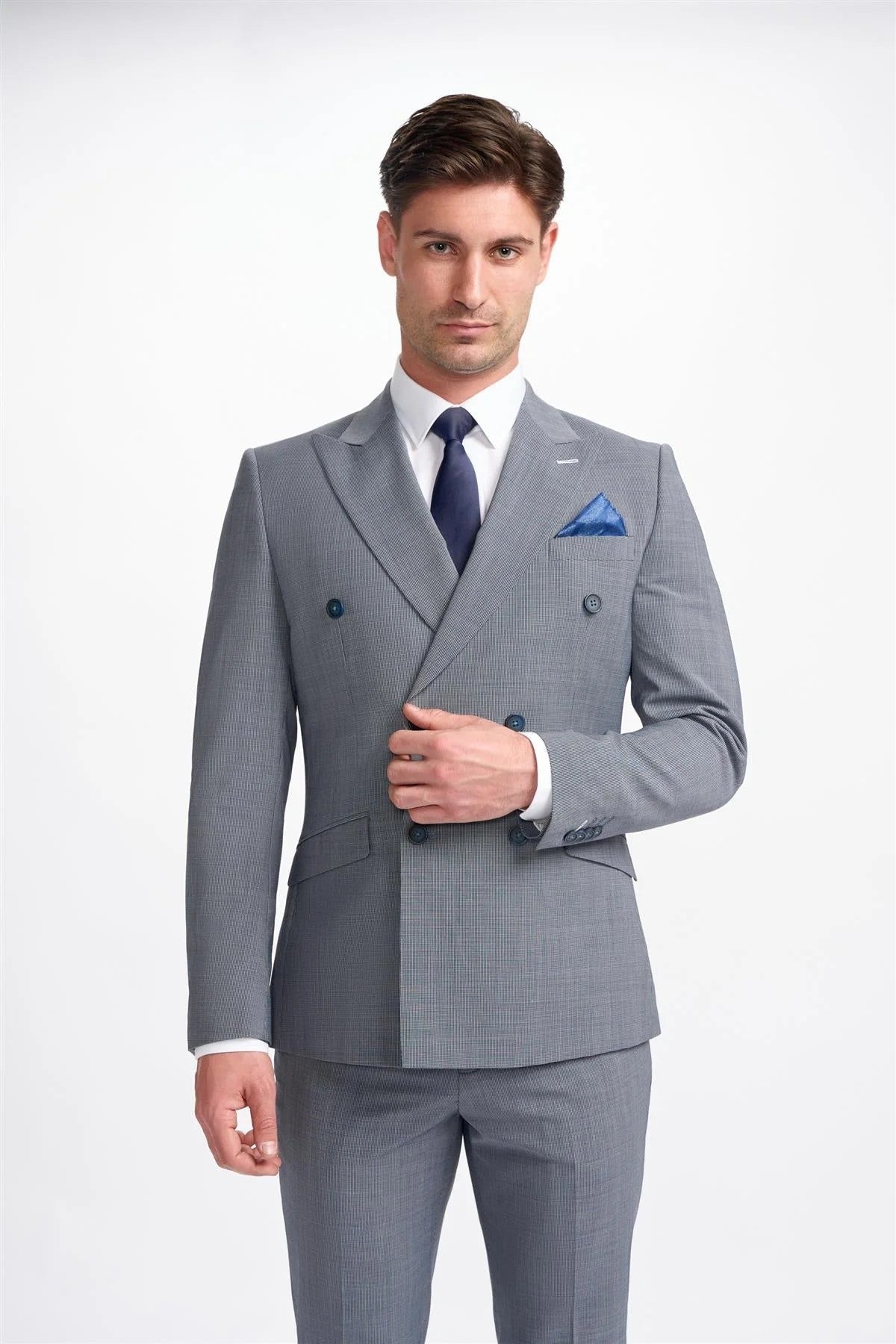 Veste de costume en pied-de-poule gris bleu pour hommes - BOND D/B - Gris Bleu