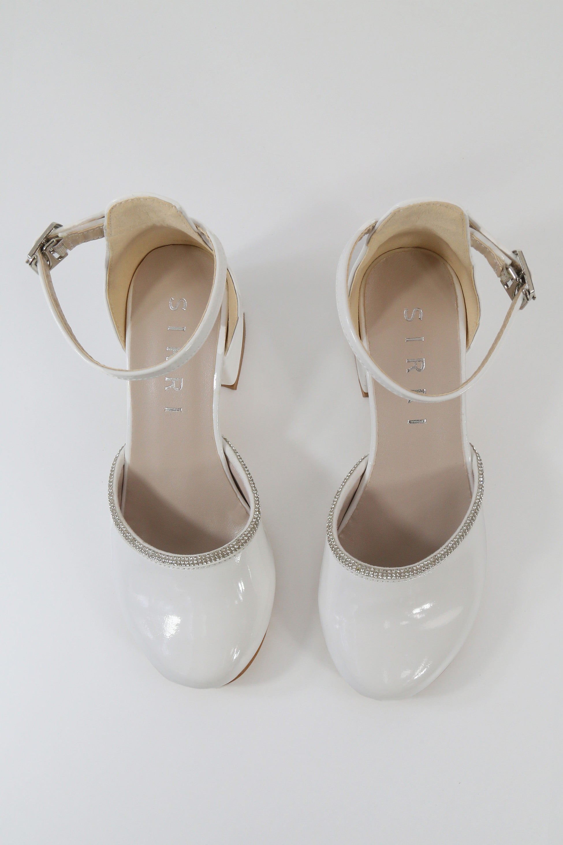 Chaussures à talons blocs vernies blanches avec bord en strass pour filles - CHARM - Blanc