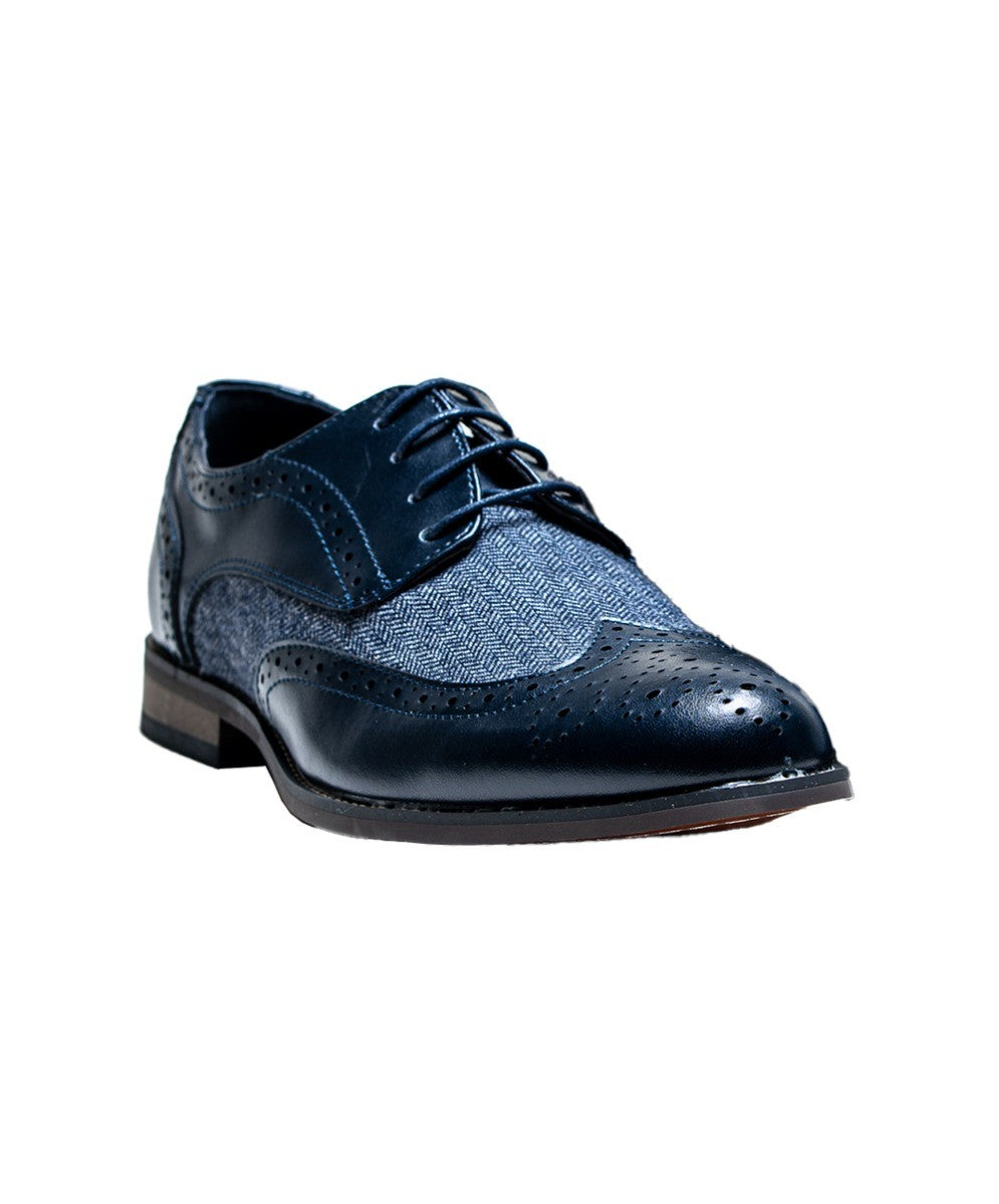 Herren Leder Tweed Retro Derby Brogue Schuhe - Oliver - Marineblau