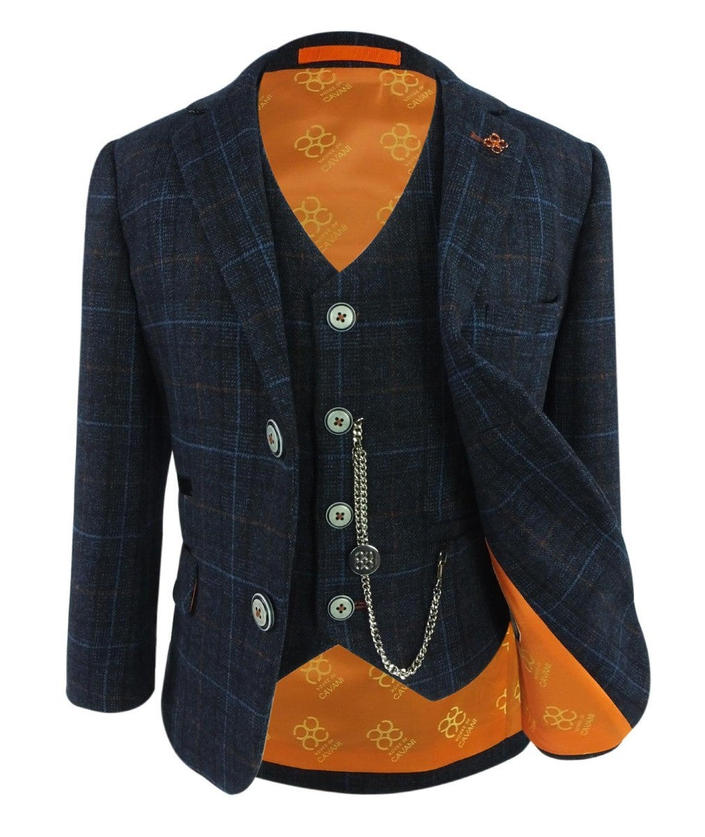 Jungen Tweed Windowpane Karo Anzug - CODY Blue - Marineblau