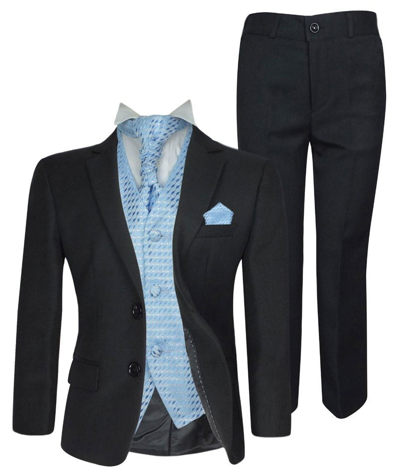 Boys Formal Suit with Patterned Waistcoat and Cravat Set - Antonio - Black - Blue