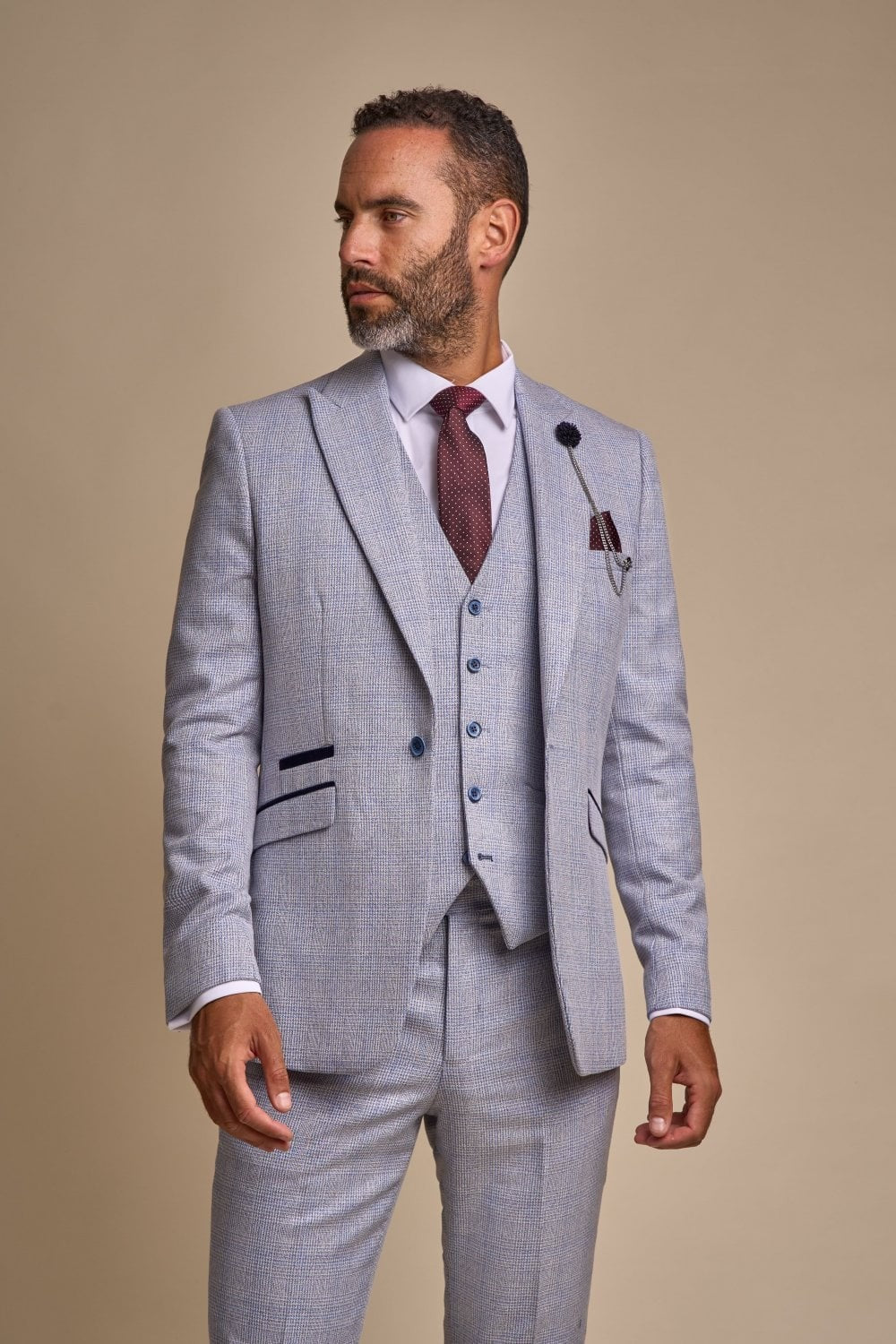 Men's 3-Piece Tweed Glen Check Suit - CARIDI - Sky Blue