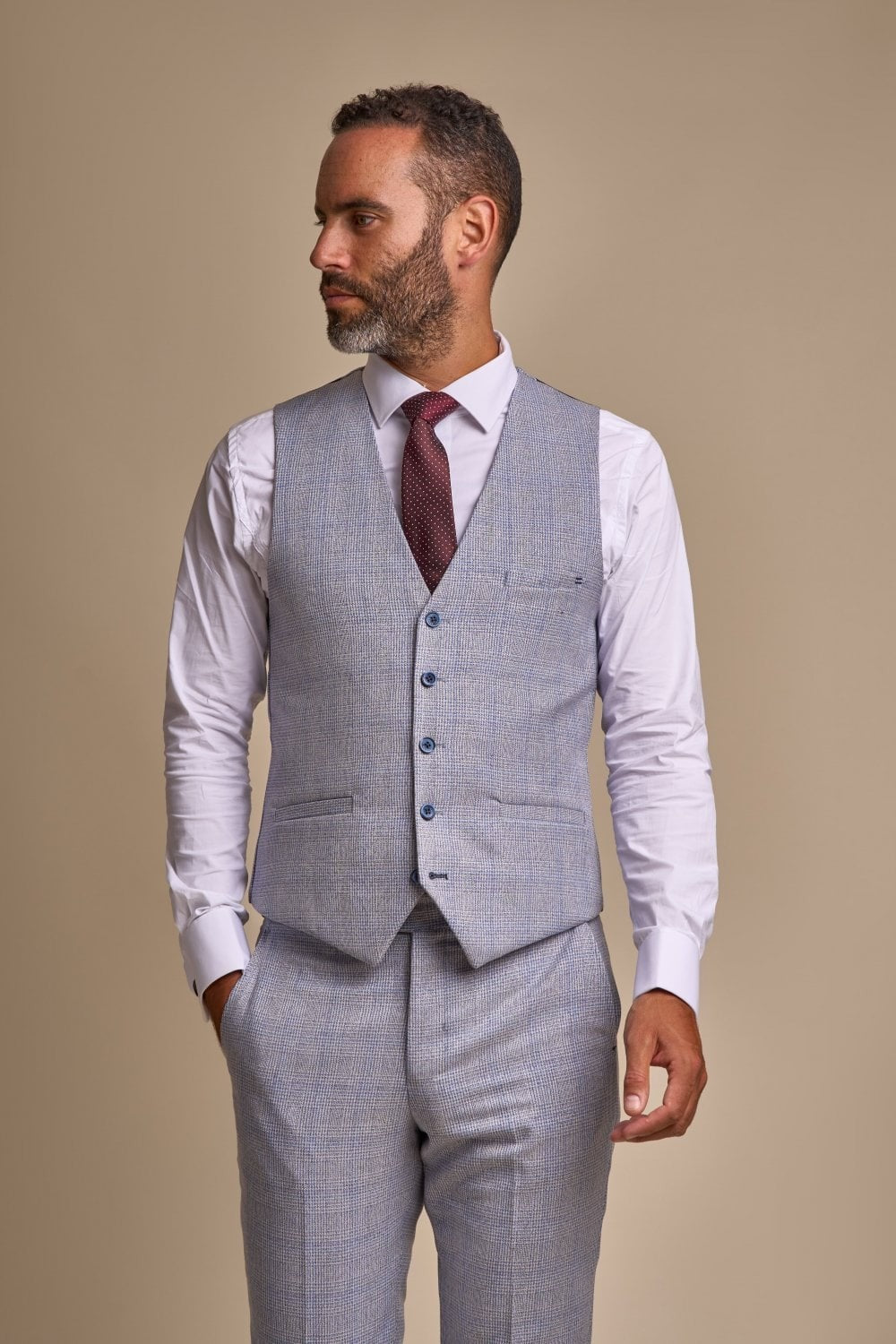 Men's 3-Piece Tweed Glen Check Suit - CARIDI - Sky Blue