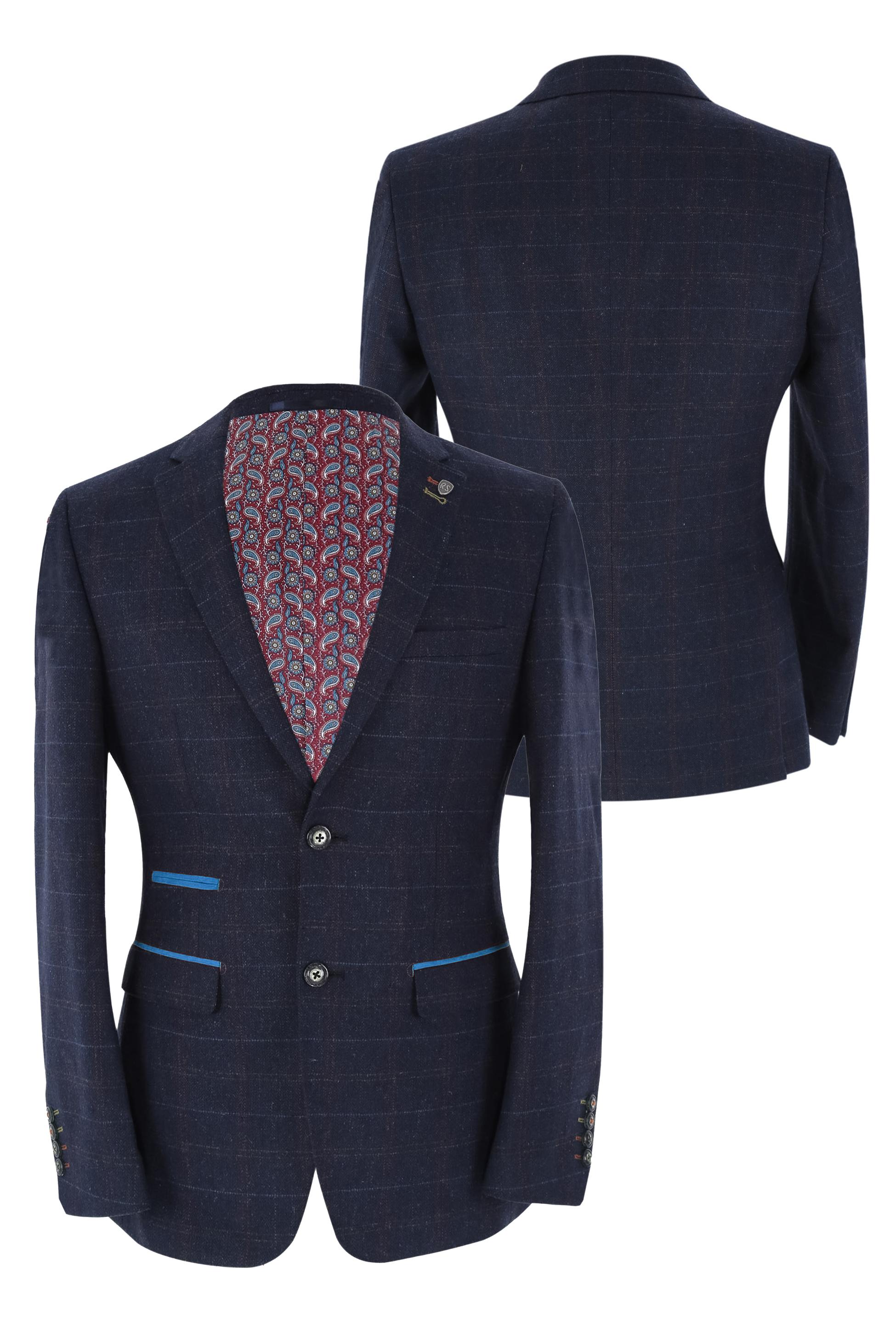 Giacca da uomo in tweed a quadri finestra, vestibilità sartoriale, blu navy - RYAN - Blu Navy