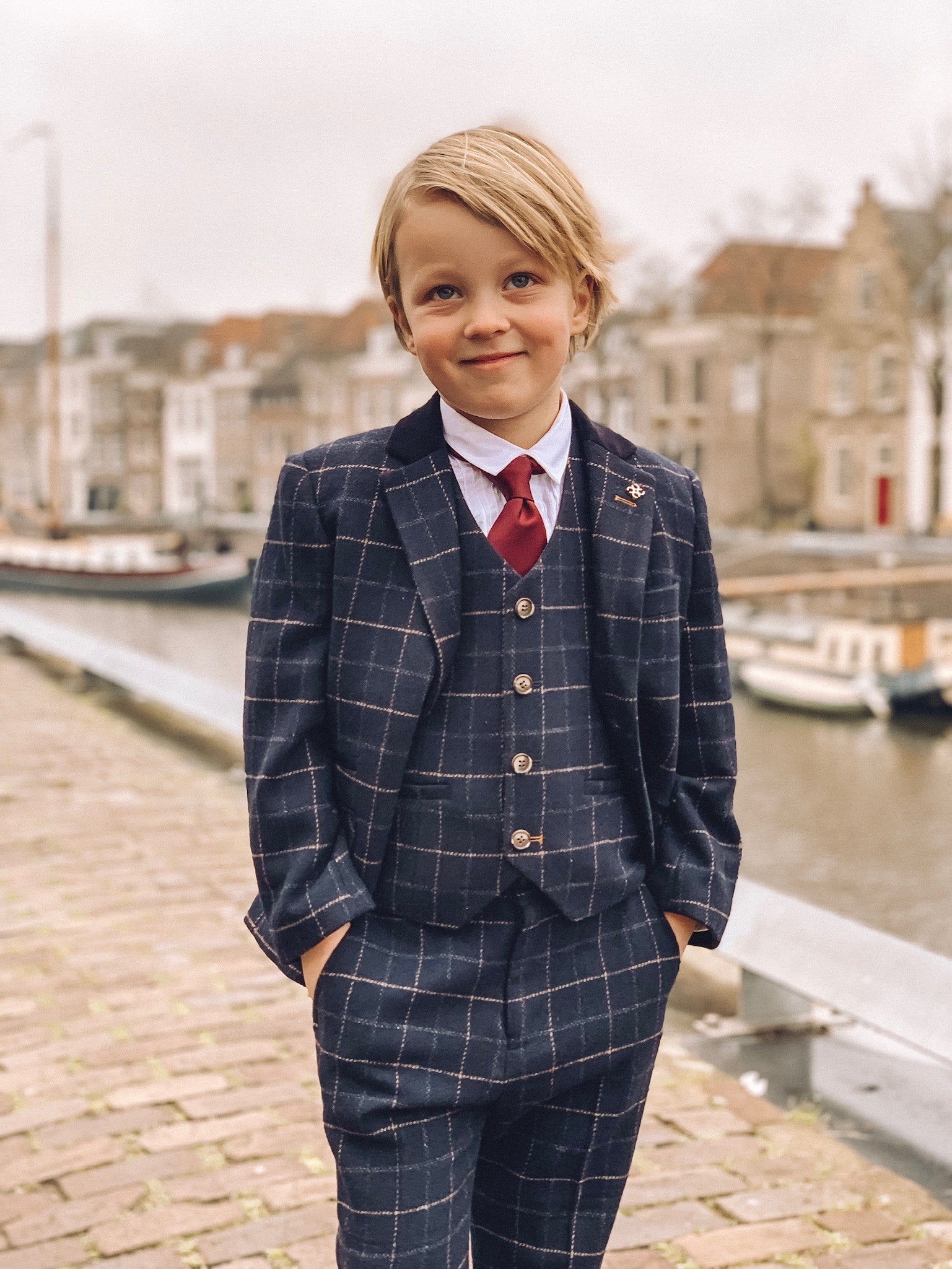Jungen Tweed Windowpane Karo Slim Fit Anzug - SHELBY - Marineblau