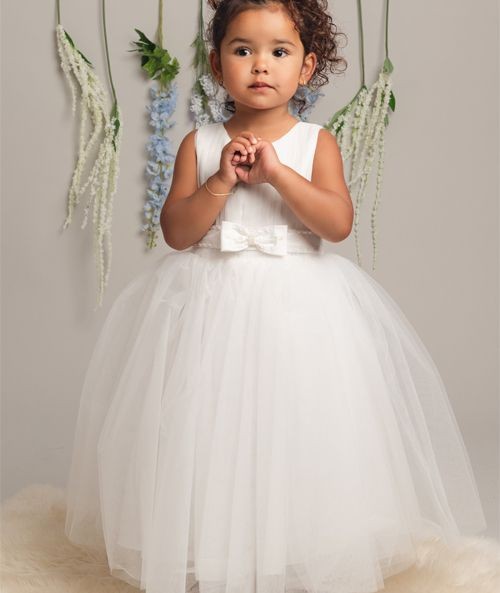 Girls Pleated Bodice Communion Dress with Bow - CINDY - White