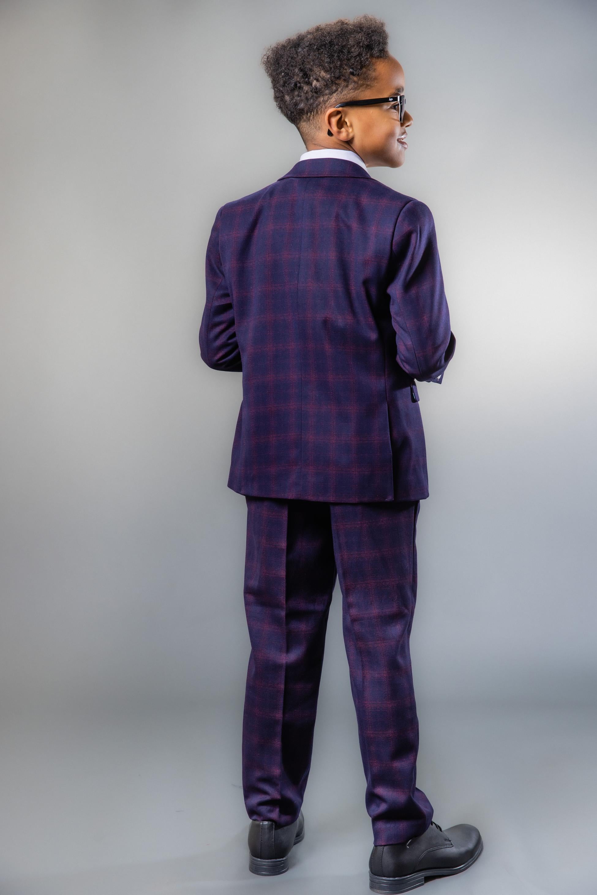 Costume à Carreaux Rétro Tailored Fit Bleu Marine pour Garçons - Bleu Marine et Bordeaux