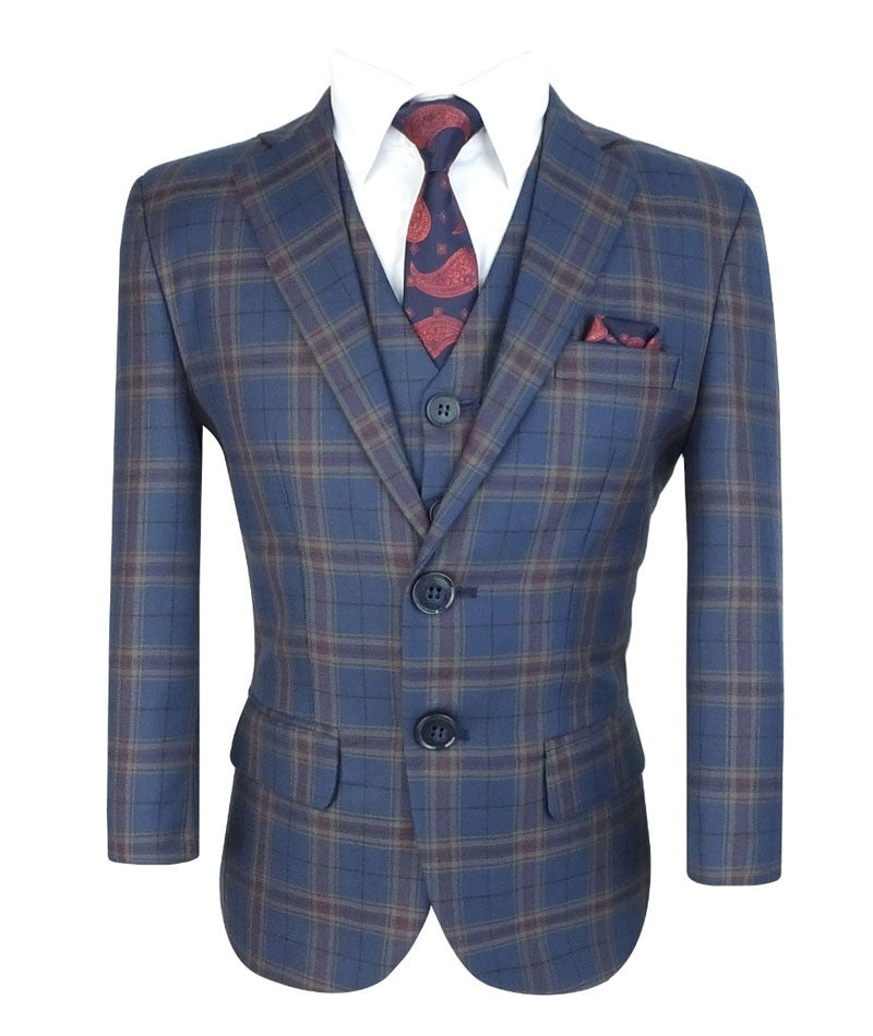 Jungen Maßgeschneiderter Retro Karo Marineanzug - Marineblau - Gold - Kastanienbraun