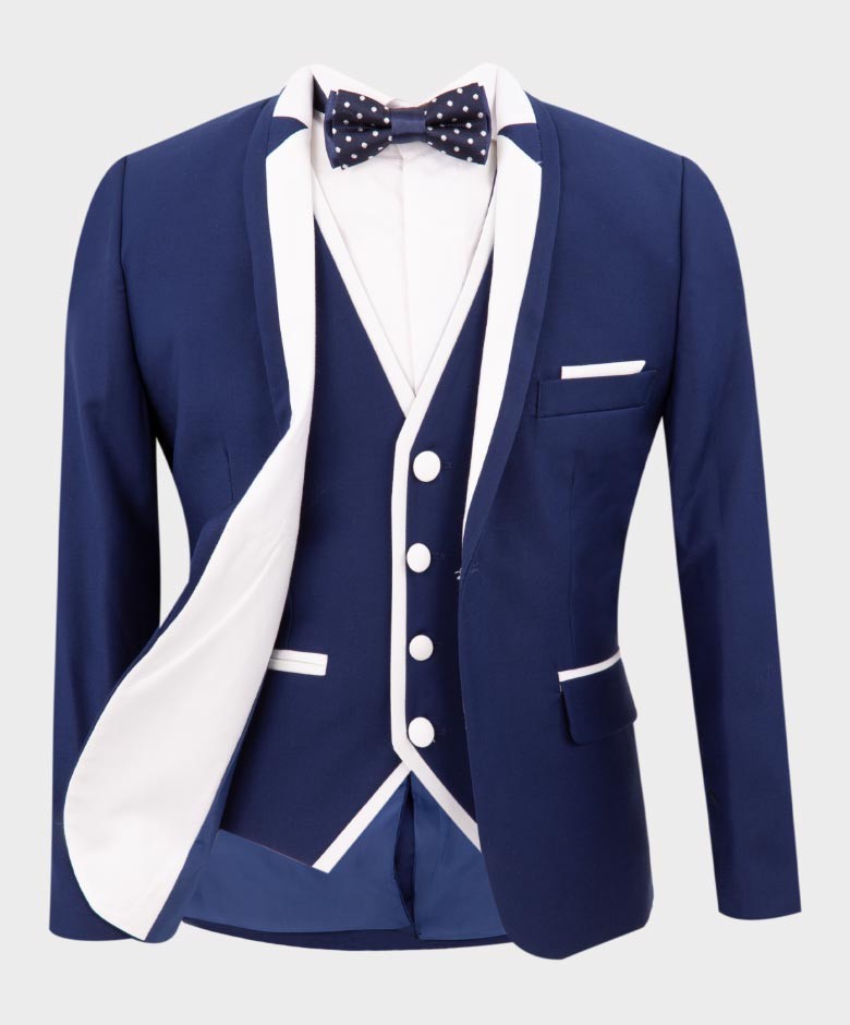 Costume de Smoking Exclusif à Passepoil pour Garçons - Bleu Foncé - Blanc