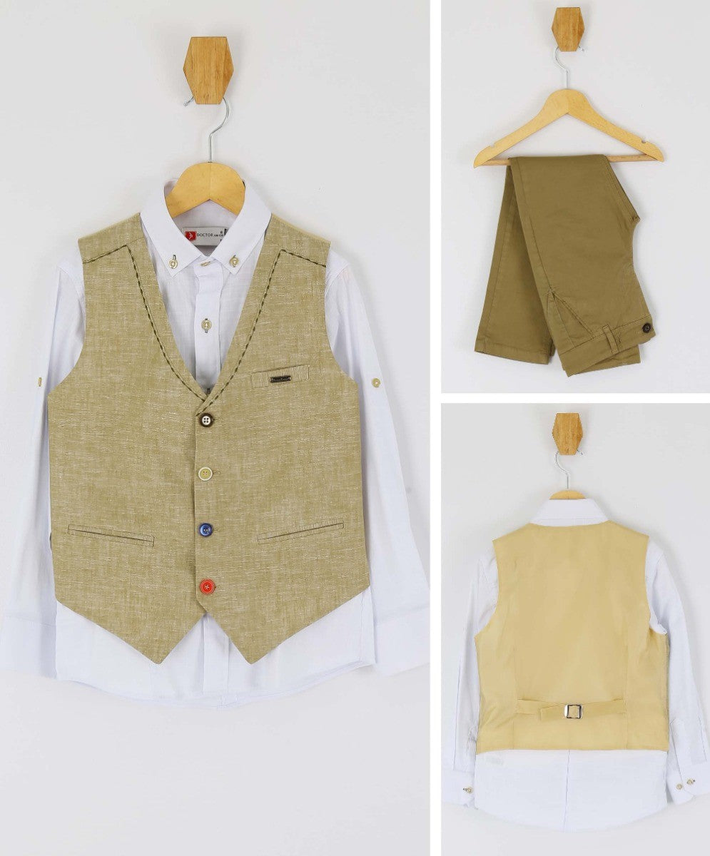 Jungen Leinen Einreihiges Westenanzug-Set - Khakigrün