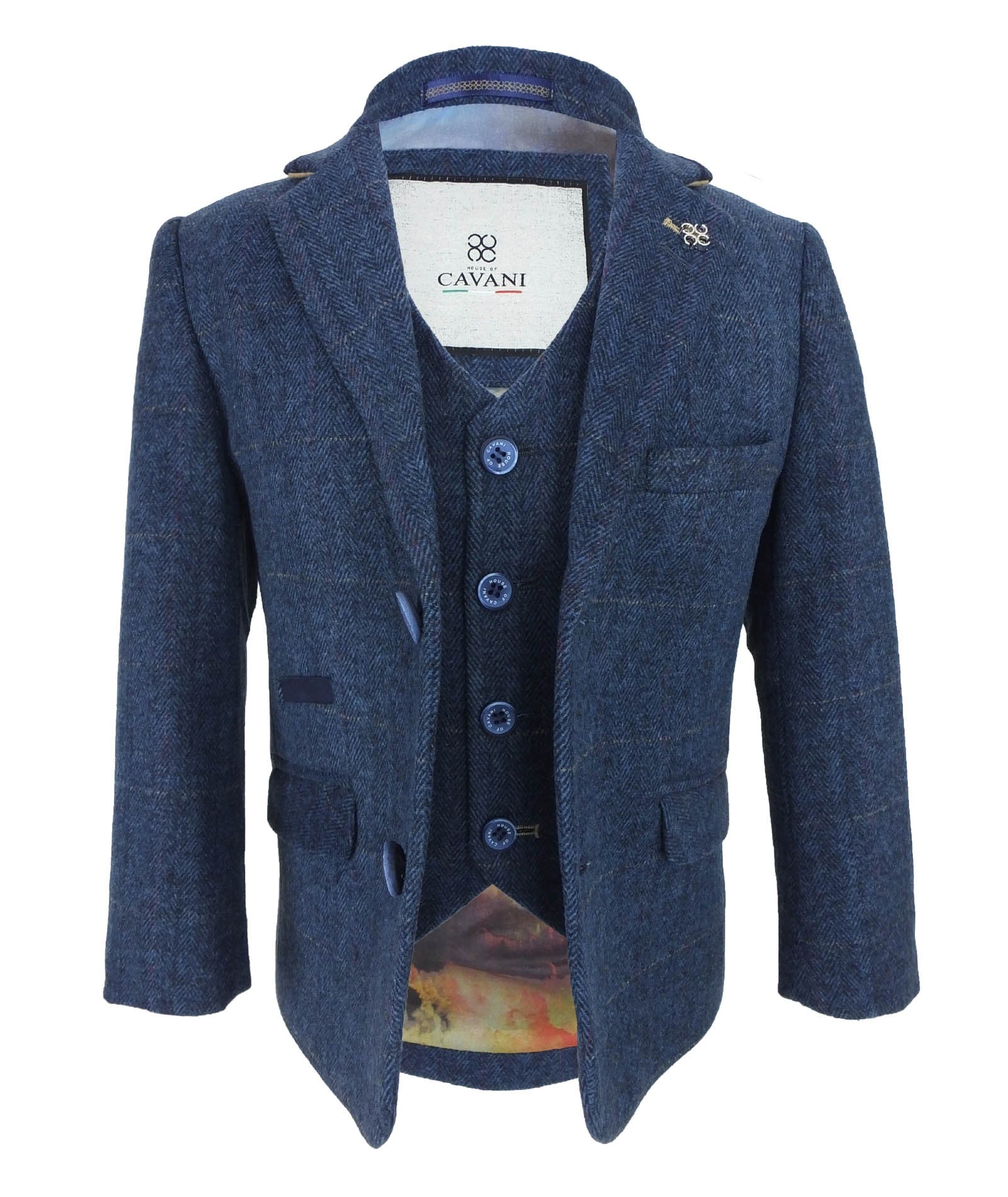 Boys Slim Fit Wool Blend Herringbone Tweed Blue Suit - CARNEGI - Navy Blue