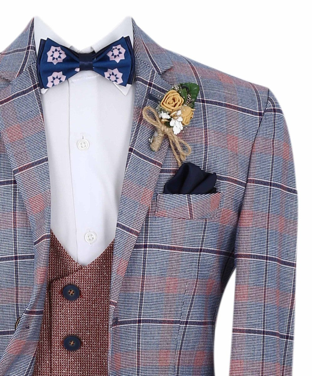 Ensemble Costume à Carreaux Windowpane Slim Fit pour Garçons - Bleu