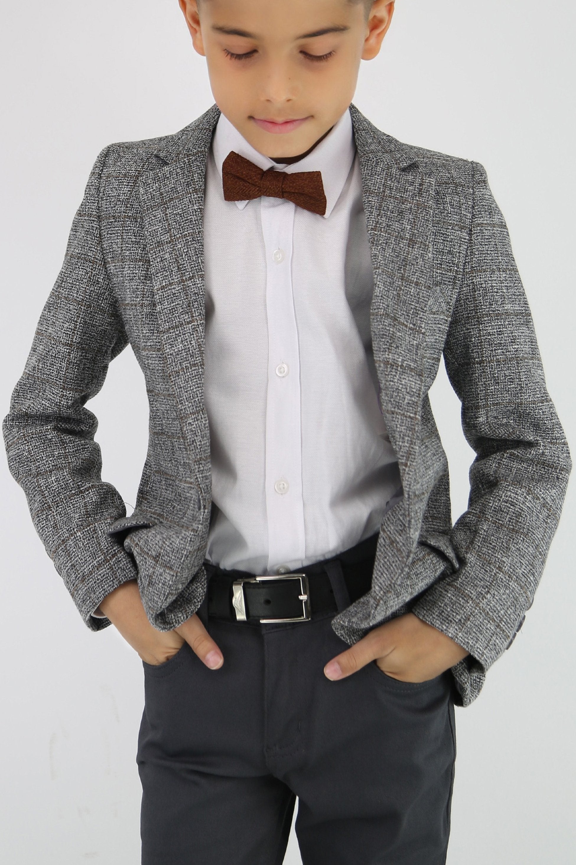 Jungen Baumwoll-Mischgewebe Tweed-ähnlicher Karo Blazer - Grau